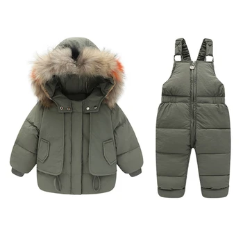Зимни детски комплекти пуховиков, Топло яке + панталон на колана си, Зимни якета, изолирана зимни костюми, Ветрозащитный детски костюм