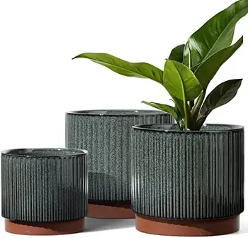 Керамични саксии за растения TAUCI с дренажни отвори, комплект от 3 броя 8+6.5+5.5 Градински саксии с инчов лента за външни стайни растения Flow