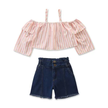 Летен Комплект за момичета, Розова блуза + памучни дънкови къси панталони, Костюми за деца, Модерен комплект детски дрехи