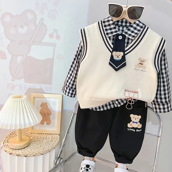 Есенни комплекти дрехи за малки момчета 2023 г., Детска жилетка с анимационни мечка, Клетчатая риза, Панталони, Дрехи за деца, Детски спортни дрехи