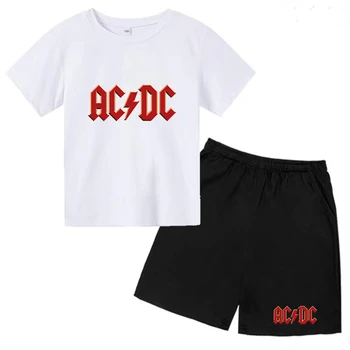 Лятна Детска тениска на AC DC, Топ + шорти, Комплект с кръгло деколте и принтом, Спортни облекла за отдих на открито за момчета и момичета 3-12 години