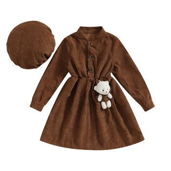 Есен вельветовое рокля за малки момичета, Трапециевидное рокля с дълги ръкави и копчета, Мультяшное украса + Взима, Дрехи
