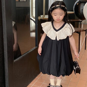 Бебешка рокля, новост 2023, лятното модно черна рокля с волани за момичета, модно принцеса рокля