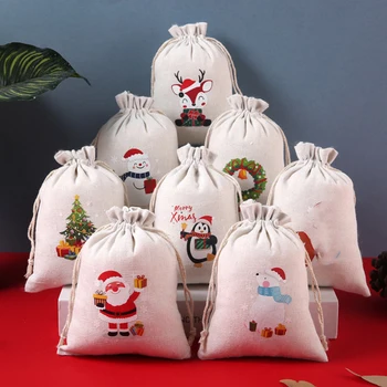 10x14 см, 1 бр., Коледни Малки памучни торбички, Сватба, Коледни Ленени торбички на съвсем малък, подаръчни опаковки за шоколадови бонбони, Окачване, опаковки, опаковки за бижута
