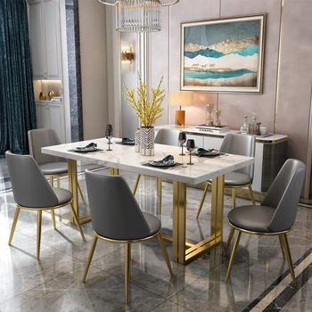 Комбинация от масата за хранене и столове от скандинавския мрамор, модерен, лесен и луксозен правоъгълна маса за дома