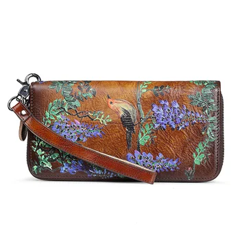 Ръчен портфейла женски клатч мобилен телефон калъф чанта удобна чанта с пари ID/на кредитни карти птица, цвете естествена кожа на жената дълъг портфейл