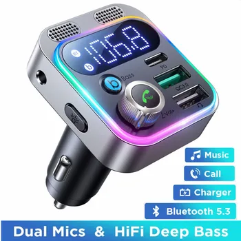 Bluetooth 5,3 Mp3 плейър и FM предавател за кола, По-мощен Двоен микрофон с дълбок бас, 48 W PD и QC3.0 зарядно устройство, Bluetooth Адаптер