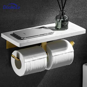 Мрамор Държач за тоалетна хартия DOOKOLE с рафт, титуляр на руло кърпа за баня Златна Четка