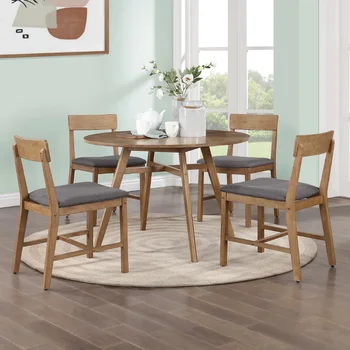 Трапезария стол Mainstays от дърво, 4 комплекта, цвят орех, седалка със сива тъкан подплата, в комплект с 4 стола