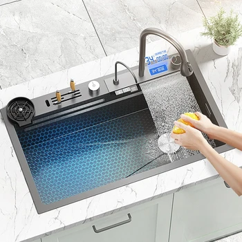 Кухненска мивка от неръждаема Стомана с Цифров Дисплей, Щампована Мивка с Водопад, Голям Однощелевой Многофункционален Мивка