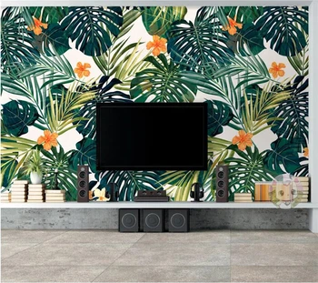 papel de parede Индивидуални тапети 3D чист минимализъм зелена ръчно рисувани листа на тропическите гори ТЕЛЕВИЗИЯ фон рисувани стенни