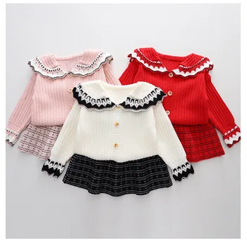 Детски дрехи за момичета, Комплекти от 2 теми, Поли-пуловери Сладка Принцеса с Отложным яка, Однобортный Прост Модерен Вязаный