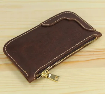 Ретро портфейл от естествена кожа ръчно изработени, дамски портфейл, малка кожена чанта за монети с цип, клатч с дълги пари