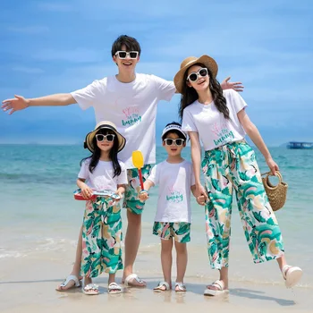 Лятна плажни дрехи за семейство, за майки, дъщери, баща, син, ежедневни памучен тениска + шорти, семейна дрехи за двойката, за почивка на море