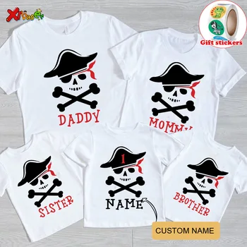 Еднакви комплекти за семейството, детски дрехи с пиратски принтом, тениска с къси ръкави за момчета и момичета, тениска за момчета и момичета, раздаване на детски стикери