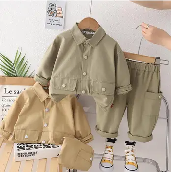 Комплект дрехи за най-малките момчета в корейски стил, однотонная яке с дълги ръкави и джобове, блузи и панталони, спортен костюм от две части за деца